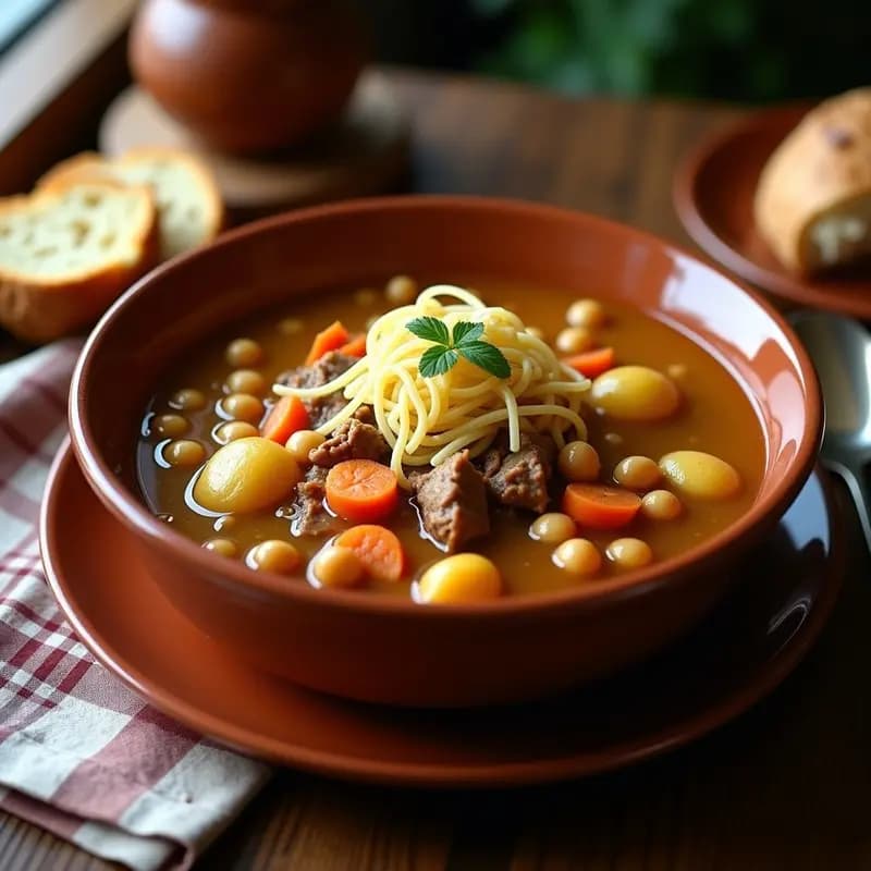 Plato hondo de barro con Puchero Anduz de garbanzos y pringá, cocido gitano andaluz con caldo espeso, garbanzos tiernos, patatas, zanahorias y trozos de pringá desmenuzada, servido con fideos gruesos.