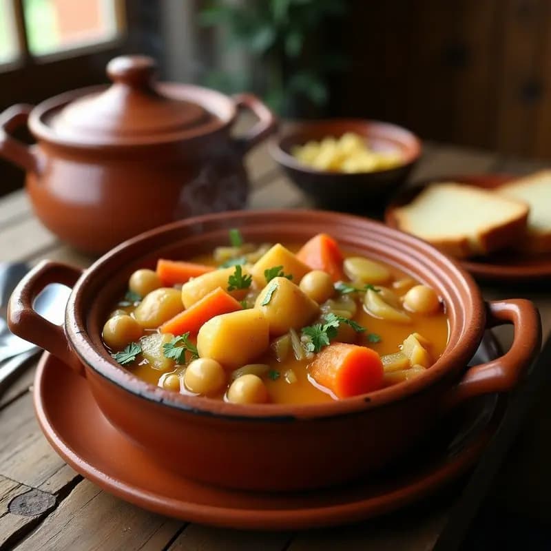 Olla de barro humeante con puchero anduzaleño tradicional, lleno de garbanzos, patatas, zanahorias y repollo en un caldo dorado, servido en un plato hondo de cerámica con pan rústico al lado.