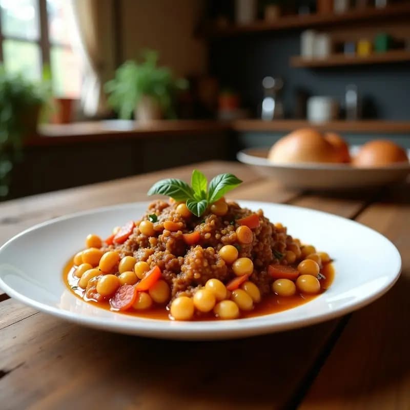 Olla de barro humeante con puchero asturiano, garbanzos dorados, morcilla asturiana cortada en rodajas, trozos de costilla de cerdo, patatas, zanahorias y repollo en un caldo espeso. Plato tradicional de montaña para compartir.