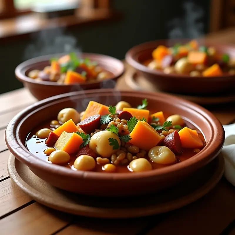 Olla de barro humeante con puchero canario, mostrando trozos de batata, patata, carne de ternera, pollo, chorizo y garbanzos en un caldo espeso con gofio. Acompañado de perejil fresco picado y servido en cuencos rústicos de barro.
