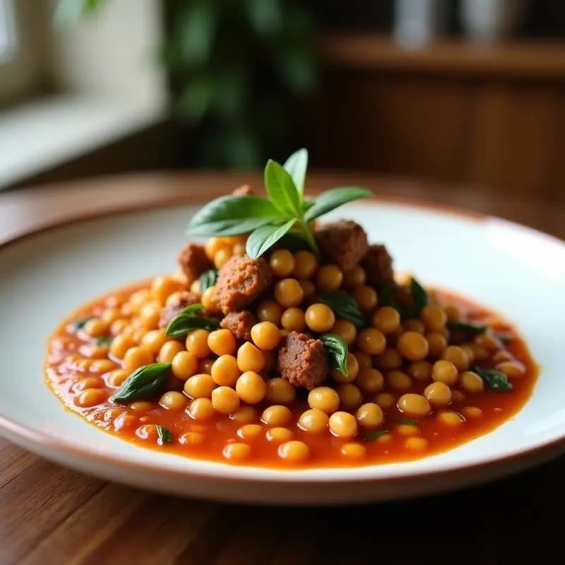 Olla grande de barro con Puchero Canario humeante, lleno de garbanzos, trozos de costilla, chorizo, morcilla, patatas, batata y verduras, servido en plato hondo rústico con cuchara de madera.