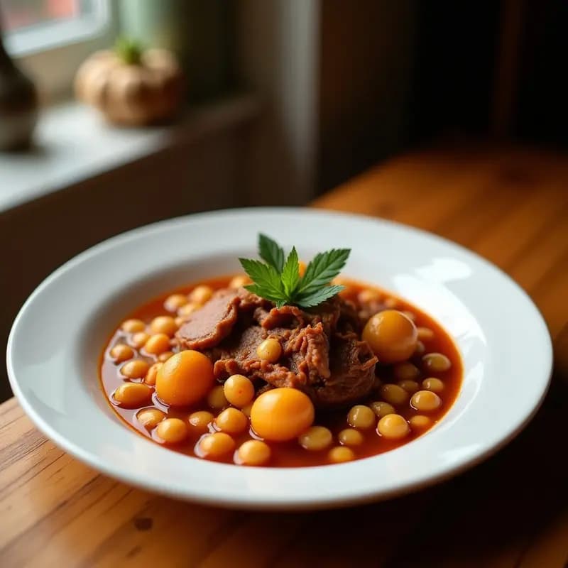 Olla grande de barro con Puchero Canario humeante, lleno de garbanzos tiernos, trozos de carne de cerdo y ternera, chorizo, morrilla, patatas, zanahorias y repollo. Plato tradicional canario de invierno con caldo espeso, servido en cuencos de cerámica rústica.