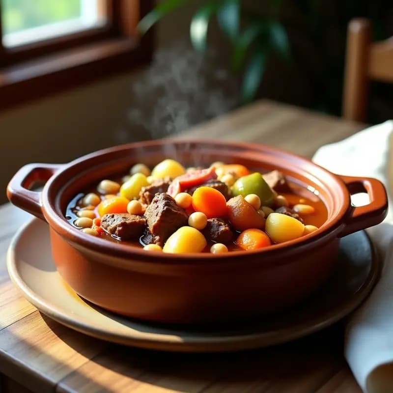 Puchero cordobés humeante en cazuela de barro, con trozos de carne, garbanzos, verduras y fideos gruesos, servido en un plato hondo rústico. Receta tradicional de olla express.