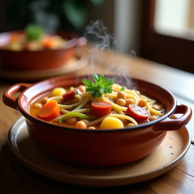 Cazuela de barro humeante con Puchero Gitano de garbanzos y fideos gruesos, chorizo en rodajas, zanahoria, patata y pimiento verde, decorado con perejil fresco. Plato tradicional andaluz de cuchara.