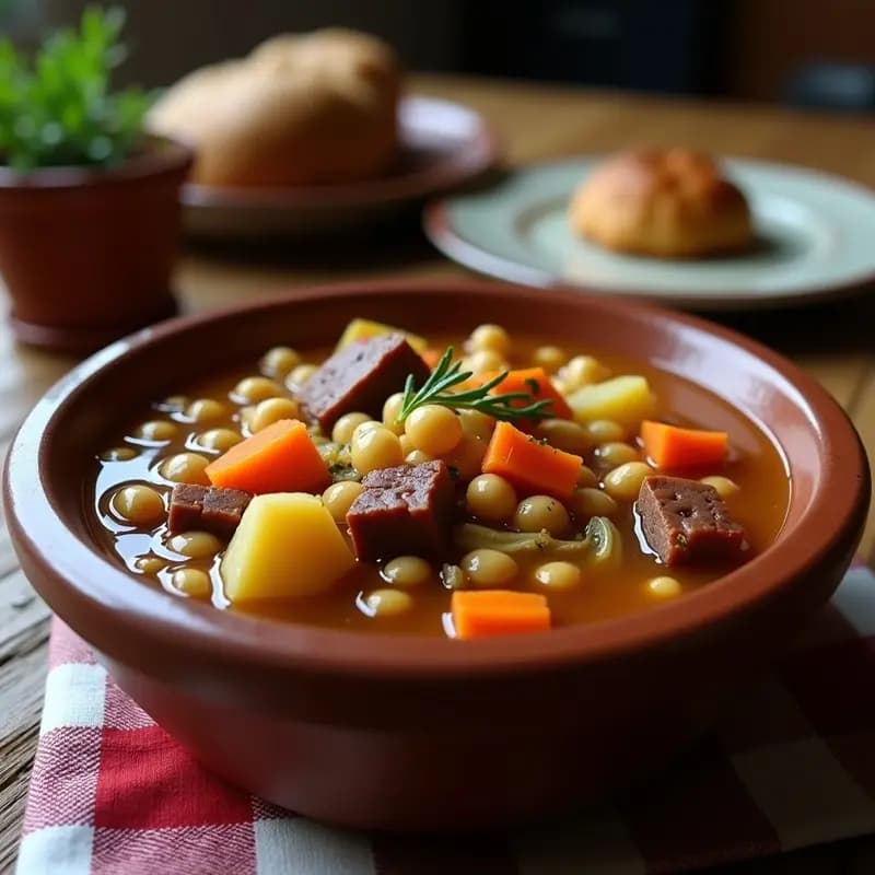 Plato hondo de barro con puchero gitano sevillano, lleno de garbanzos, trozos de pringá desmenuzada, patatas, zanahorias y repollo, bañado en un caldo dorado y espeso. Receta tradicional en olla express.