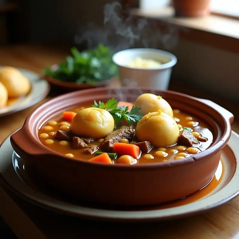 Cazuela de barro humeante con puchero gitano andaluz, caldo dorado lleno de garbanzos, trozos de carne, verduras y pelotas de pan esponjosas, decorado con perejil fresco.