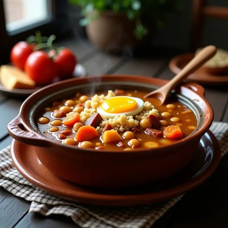 Cazuela de barro humeante con Puchero Gitano con Pringá y Fideos, mostrando garbanzos, trozos de patata, zanahoria y fideos gruesos bañados en un caldo espeso y dorado, con huevo duro picado por encima. Plato tradicional madrileño de invierno en olla lenta.