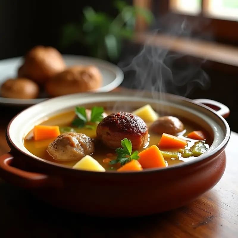 Olla de barro humeante con puchero de invierno canario, lleno de verduras como zanahoria, patata y repollo, trozos de carne de cerdo y pollo, y una gran pelota canaria en el centro, servido en cuencos rústicos.