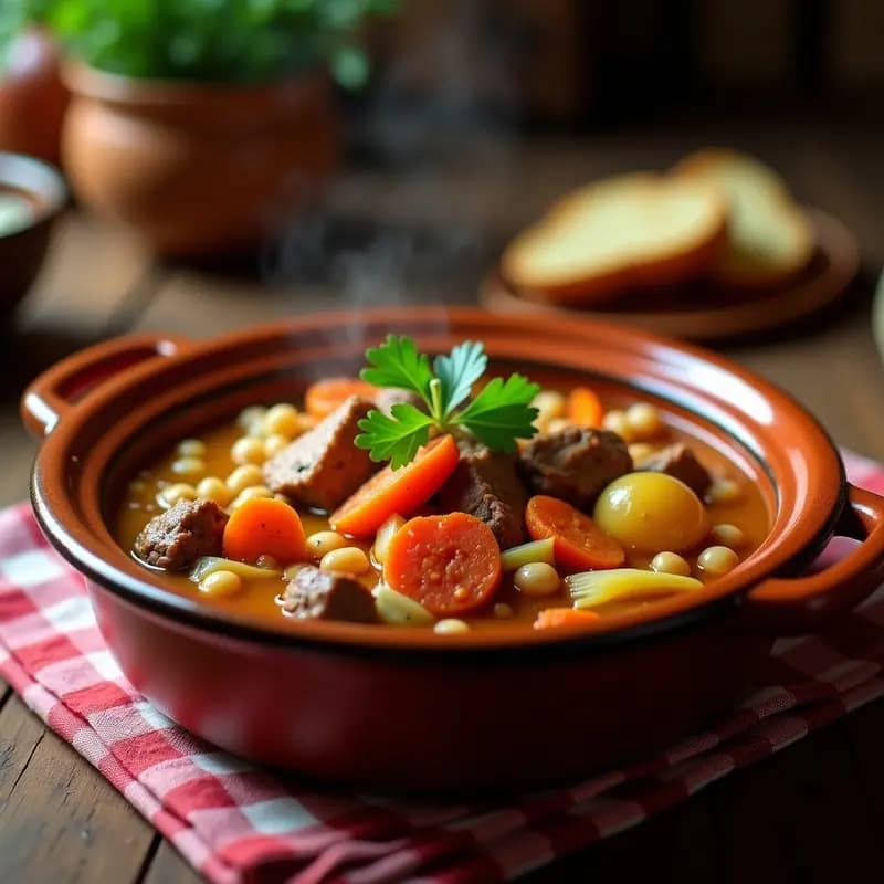 Cazuela de barro humeante con Puchero Madrileño tradicional: trozos de ternera, pollo, chorizo, garbanzos y verduras como patata, zanahoria y repollo, servidos en un caldo dorado y aromático.