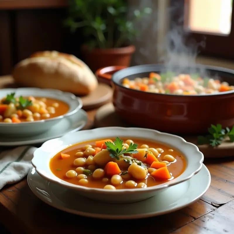 Olla rústica de barro llena de puchero madrileño con garbanzos y verduras de temporada como calabaza, zanahoria y repollo, servido en cuencos hondos de cerámica blanca sobre mesa de madera.