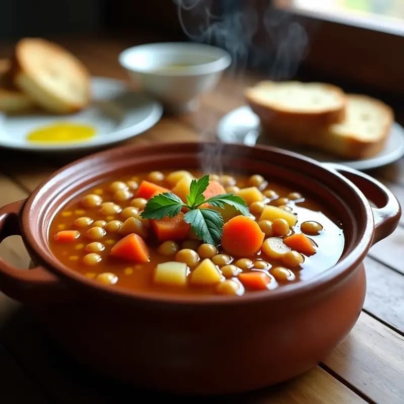 Olla de barro humeante con Puchero Manchego de garbanzos y verduras, servido en cazuela rústica con rodajas de zanahoria, patata y pimiento choricero. Plato tradicional español de cuchara.