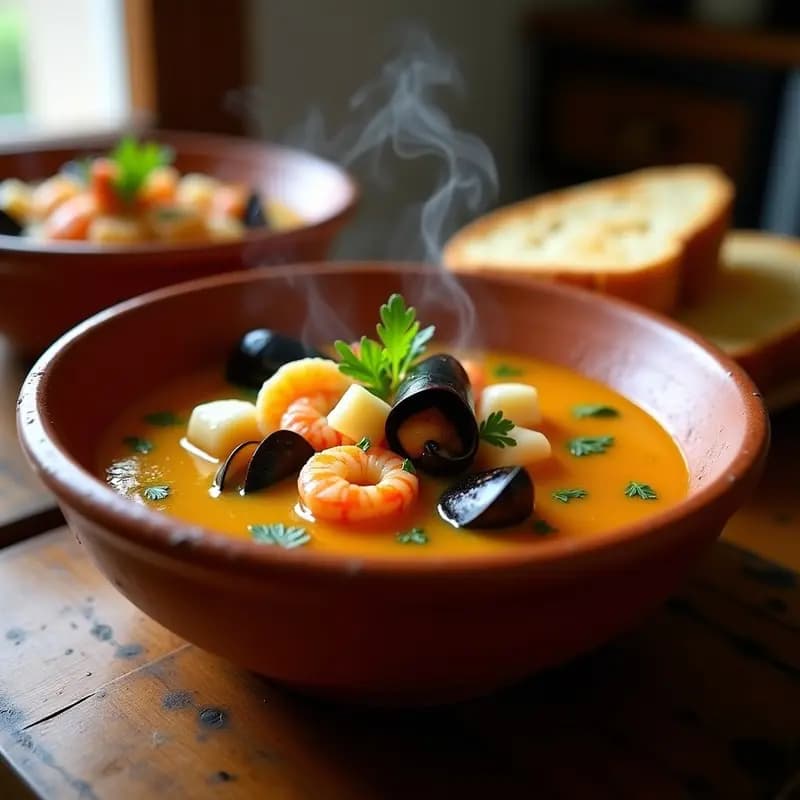 Cuenco de barro humeante con Puchet de Marisco, sopa mallorquina dorada por el azafrán, repleta de trozos de bogavante, gambas y mejillones, acompañada de rebanadas de pan tostado y perejil fresco espolvoreado.