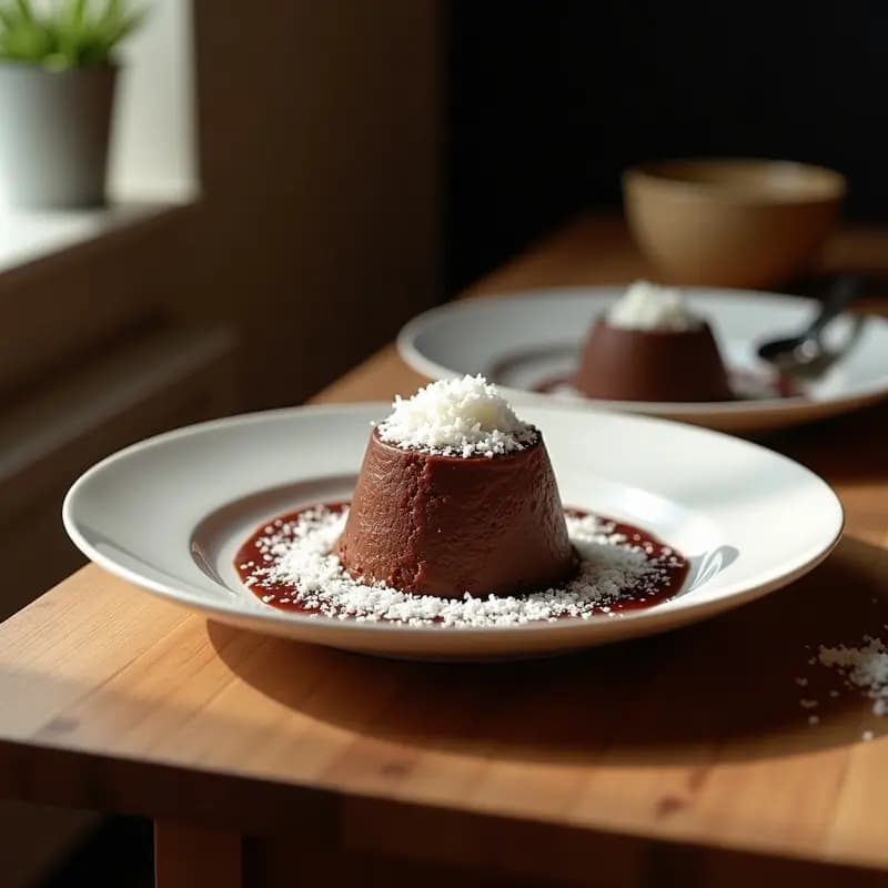 Copa de cristal transparente con pudding de chía de color marrón oscuro, decorado con coco rallado blanco y almendras fileteadas doradas sobre fondo rústico de madera.