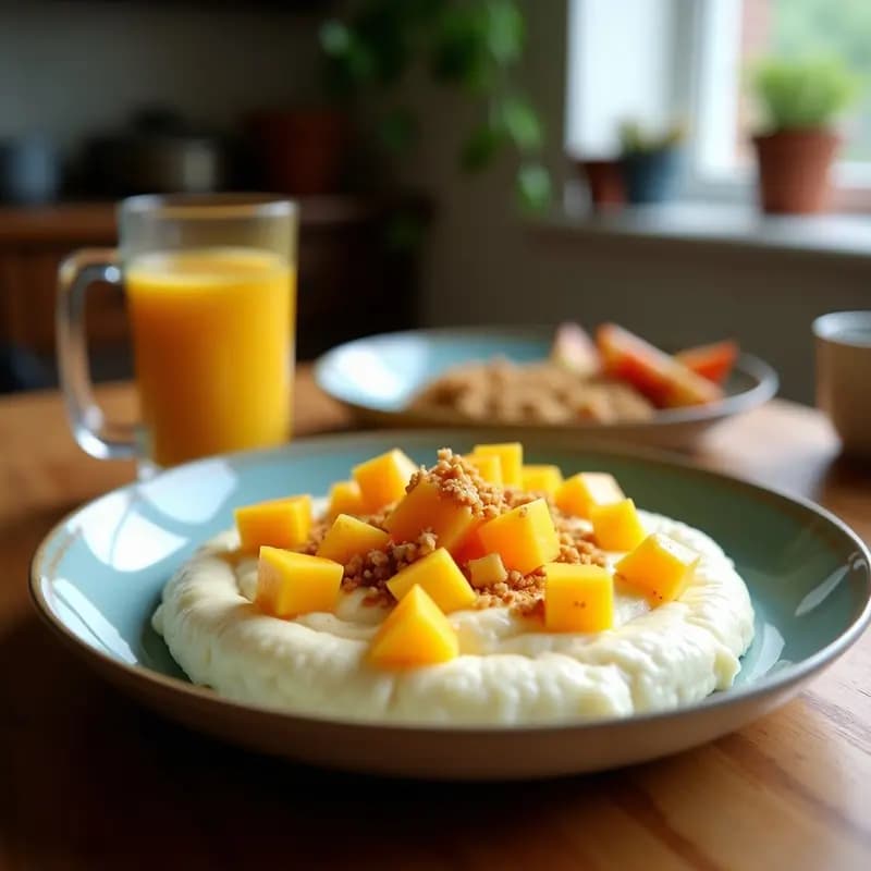 Bol de cristal transparente con pudín de chía cremoso, capas de mango fresco en cubos y coco rallado tostado espolvoreado. Fondo rústico con hojas de menta y semillas de sésamo.