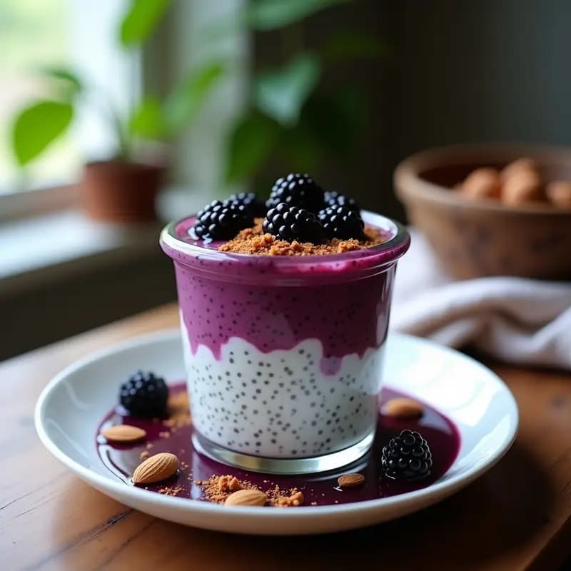 Frasco de vidrio transparente con pudding de chía cremoso, vetas moradas de swirl de moras y topping de moras frescas y canela, sobre una mesa rústica de madera con fondo borroso de cocina colombiana.