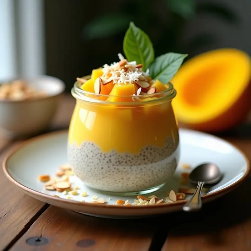 Frasco de vidrio transparente con puding de chía y mango overnight, capas cremosas de color beige y amarillo, decorado con cubos de mango fresco, coco rallado y almendras fileteadas. Desayuno colombiano vegano y sin azúcar.
