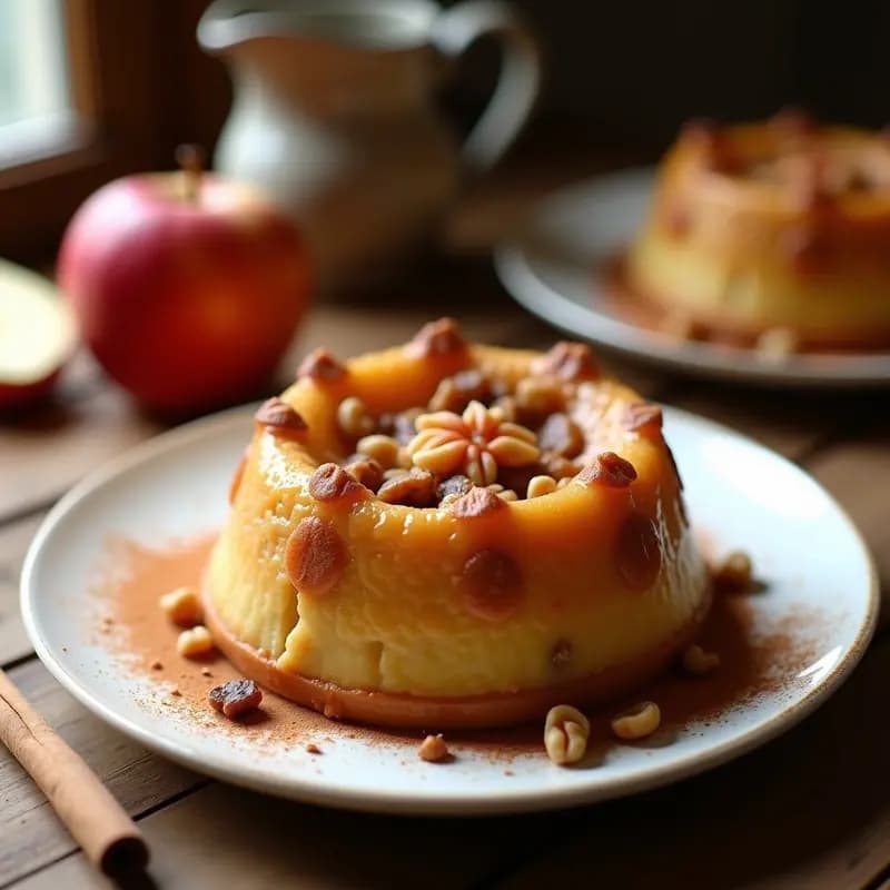 Pudín británico P docking de manzana y canela sin lactosa, horneado en molde redondo, con superficie dorada y nueces picadas. Servido en plato blanco con espolvoreado de canela en polvo.