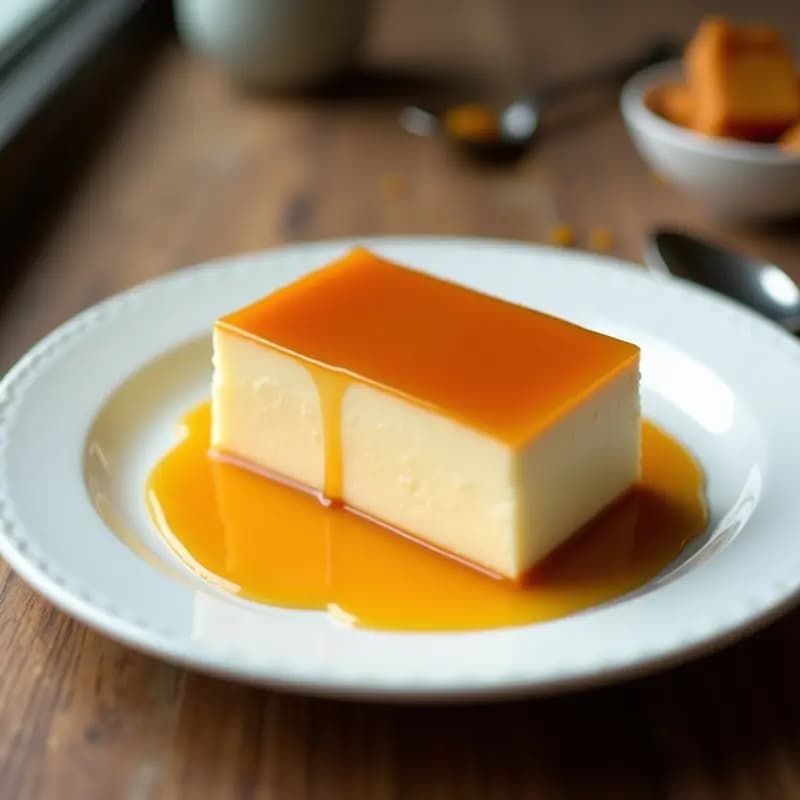 Pudim de leite condensado brasileño en molde de cristal, con caramelo líquido dorado cubriendo su superficie cremosa y suave. Servido en porción individual sobre plato blanco.