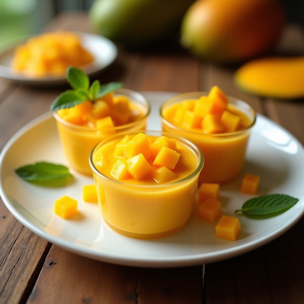 Pudín de mango vegano en copas de cristal transparente, con capas doradas y trocitos de mango fresco como decoración, sobre una mesa rústica de madera.