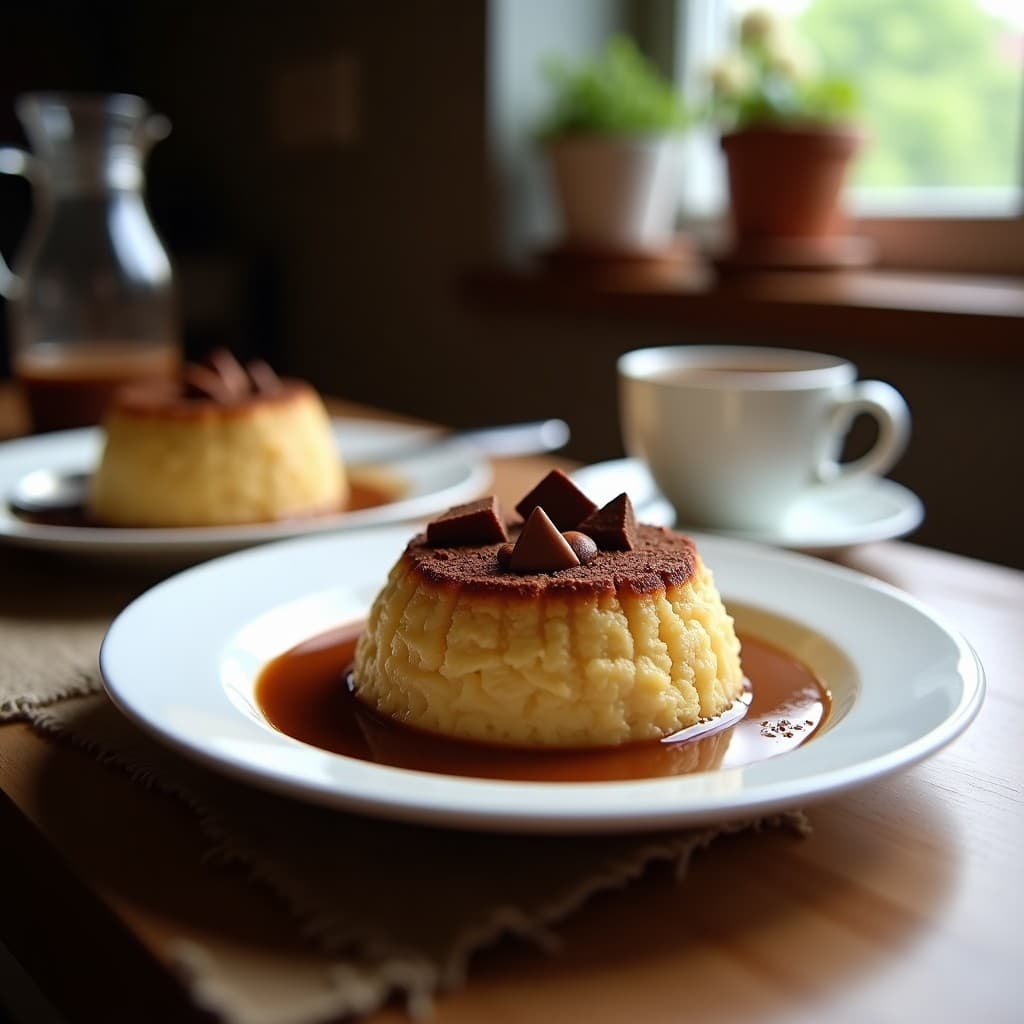 Frasco de vidrio transparente con pudín de avena y café en capas, coronado por una capa oscura de cacao puro y decorado con almendras fileteadas y coco rallado. Desayuno vegano sin azúcar, servido con una cuchara de madera sobre fondo rústico.