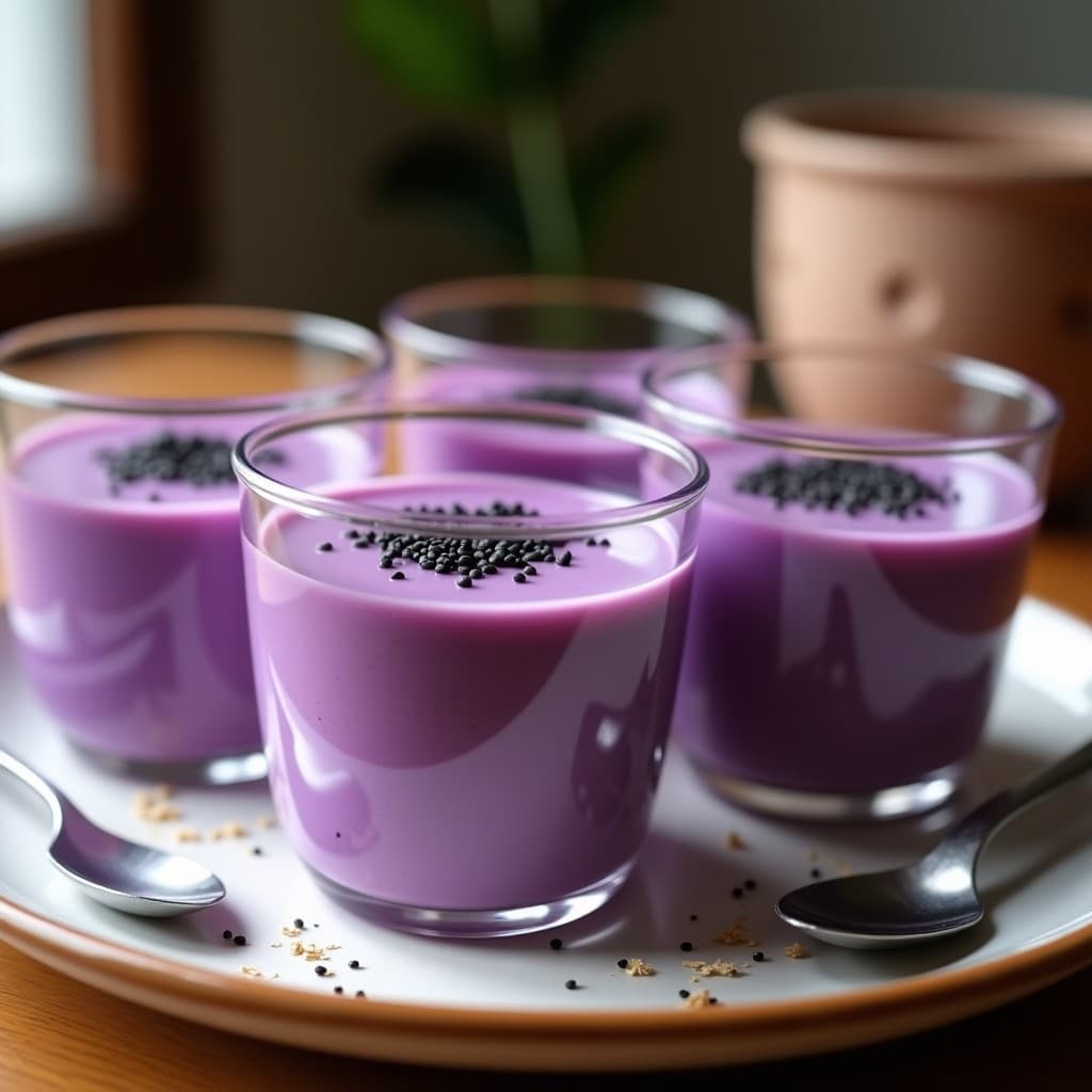 Pudín de batata morada y leche de avena en copas de cristal transparente, con capas moradas intensas y topping de semillas de sésamo negro. Postre sin azúcar con toque japonés, servido frío sobre una mesa de madera con utensilios de cerámica tradicional.