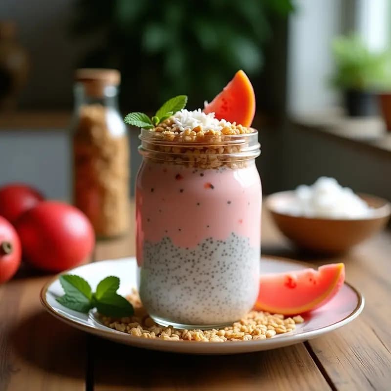 Pudín de chía y acerola con granola de semillas de calabaza servido en un bol de cerámica blanca, con capas cremosas de color rosa pálido y topping crujiente de semillas doradas y coco rallado, sobre una mesa de madera rústica.