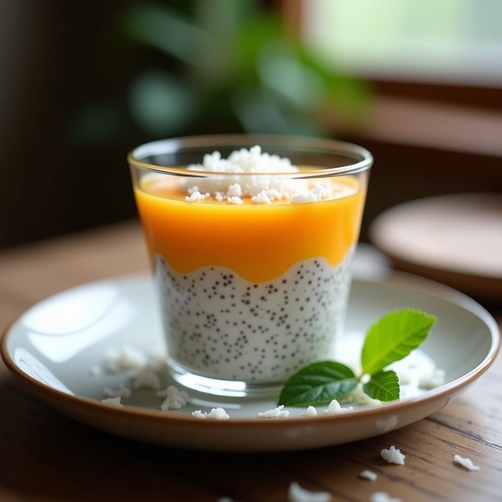 Pudín de chía con leche de avena y granadilla servido en copa de vidrio transparente, decorado con pulpa de granadilla fresca y coco rallado, sobre fondo rústico de madera con hojas verdes.