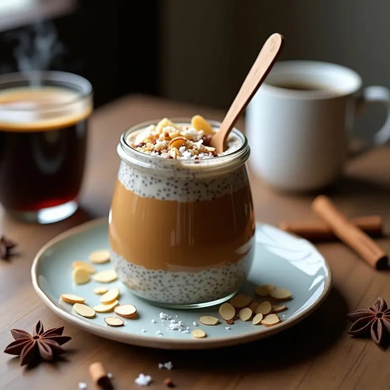 Pudín de chía con café y especias en copa de cristal transparente, decorado con nueces pecanas picadas y coco rallado. Textura cremosa y capas visibles de semillas de chía, con un fondo rústico de madera y taza de café colombiano.