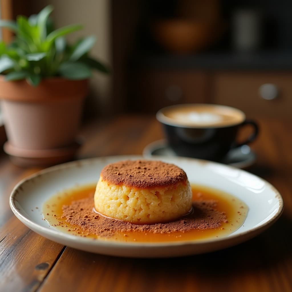 Pudín de chía y café espresso servido en copa de vidrio transparente, con capas cremosas y decoración de nueces de pecana picadas y cacao en polvo, sobre fondo rústico de madera oscura. Postre energético sin azúcar para pre-entreno.
