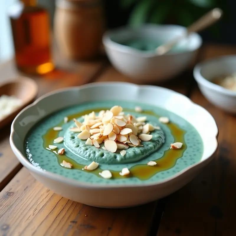 Pudín de chía y alga espirulina con sirope de arce servido en un bol de cerámica blanca, decorado con coco rallado y almendras fileteadas, sobre una mesa de madera rústica con un fondo borroso de ingredientes naturales.