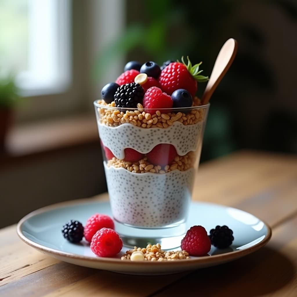 Pudín de chía cremoso con capas de frutos rojos frescos y granola crujiente sin azúcar en un bowl de vidrio. Desayuno saludable y colorido sobre fondo rústico.