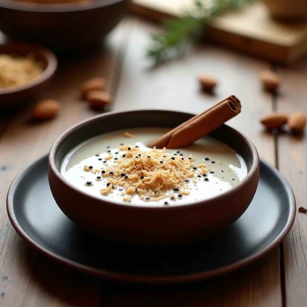 Pudín de chía cremoso en bol de barro oscuro, con leche de almendras, decorado con semillas de amapola tostadas y coco rallado. Cardamomo en polvo espolvoreado y rama de canela al lado. Postre ayurvédico relajante para dormir mejor.
