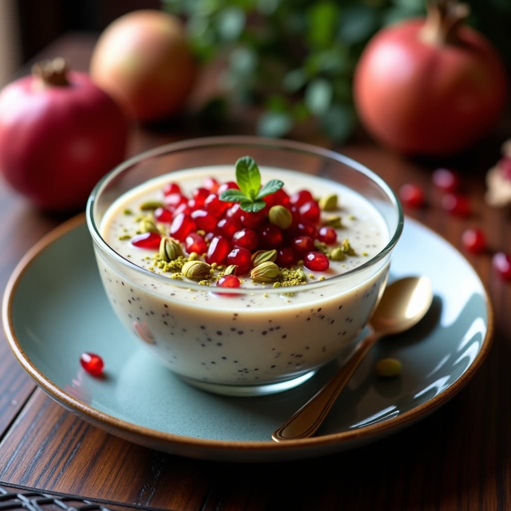 Pudín de chía cremoso con leche de amapola en copa de cristal, decorado con semillas de granada rojas brillantes, pistachos picados verdes y un hilo de agua de rosa, sobre fondo de madera oscura con elementos persas.