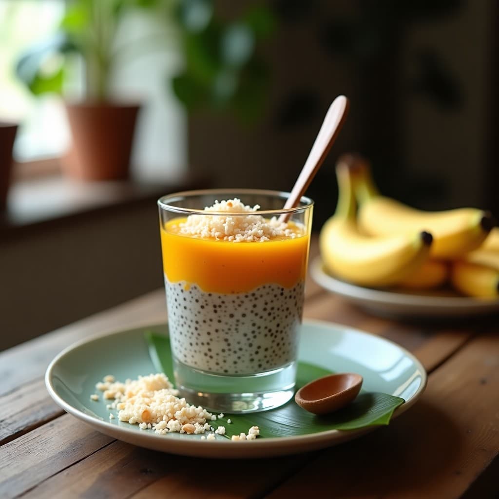 Vaso de cristal transparente con pudín de chía cremoso, capas de pulpa de lulo naranja y decoración de coco rallado y almendras fileteadas. Fondo rústico con hojas de plátano y una cuchara de madera.