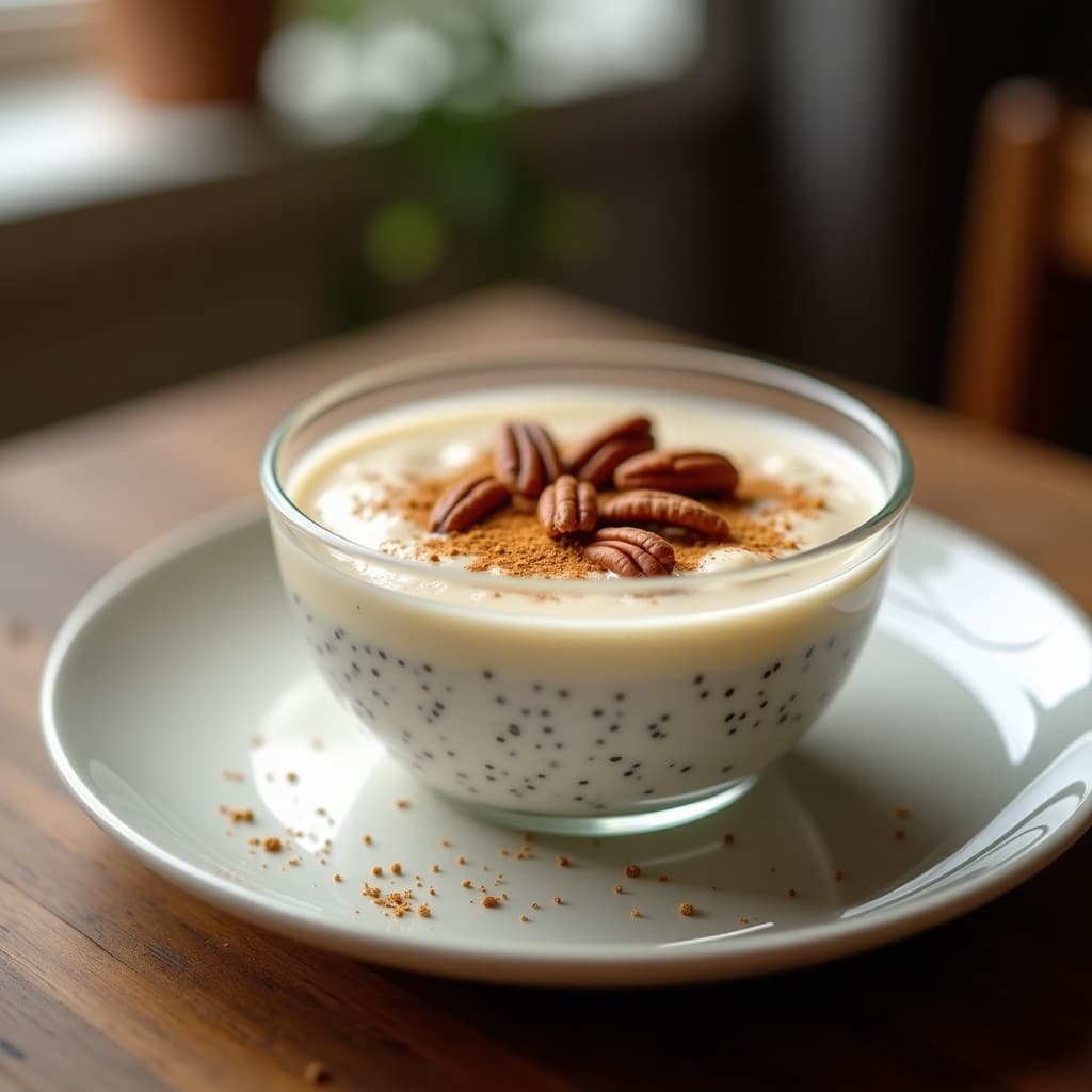 Pudín de chía y leche de avena con canela servido en un bol de vidrio transparente, decorado con nueces pecanas tostadas y una pizca de canela en polvo, sobre una mesa de madera rústica con luz natural.