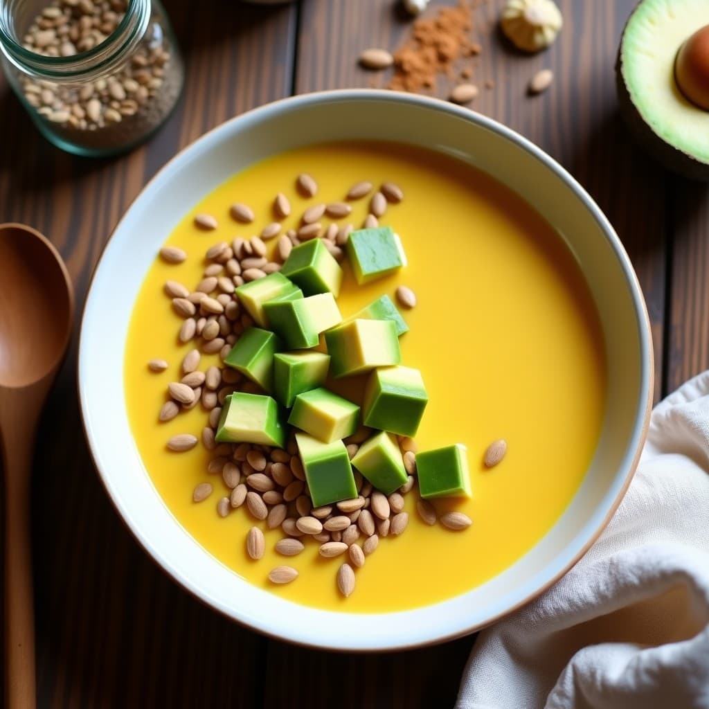 Pudín de chía con leche de golden milk servido en un bol de cerámica blanca, decorado con cubos de aguacate verde y semillas de calabaza tostadas. El pudín tiene un color dorado intenso gracias a la cúrcuma, con una textura cremosa y gelificante. Al fondo, una cuchara de madera y un paño de lino beige.