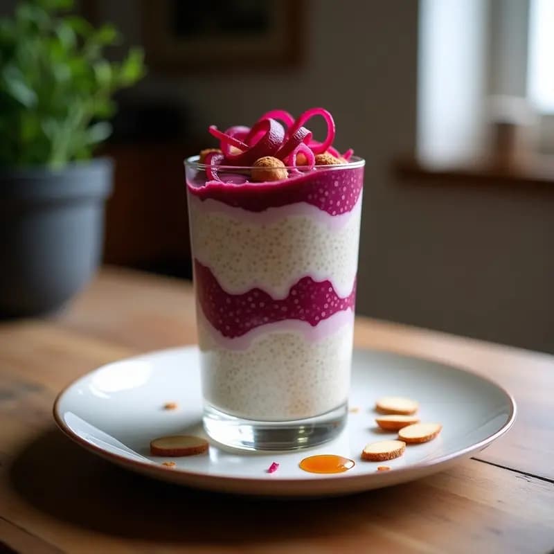 Vaso transparente con capas de pudín de chía cremoso color beige, espirales de remolacha morada y almendras fileteadas tostadas en la parte superior. Postre italiano vegano y crudivegano con fondo de madera rústica y luz natural.