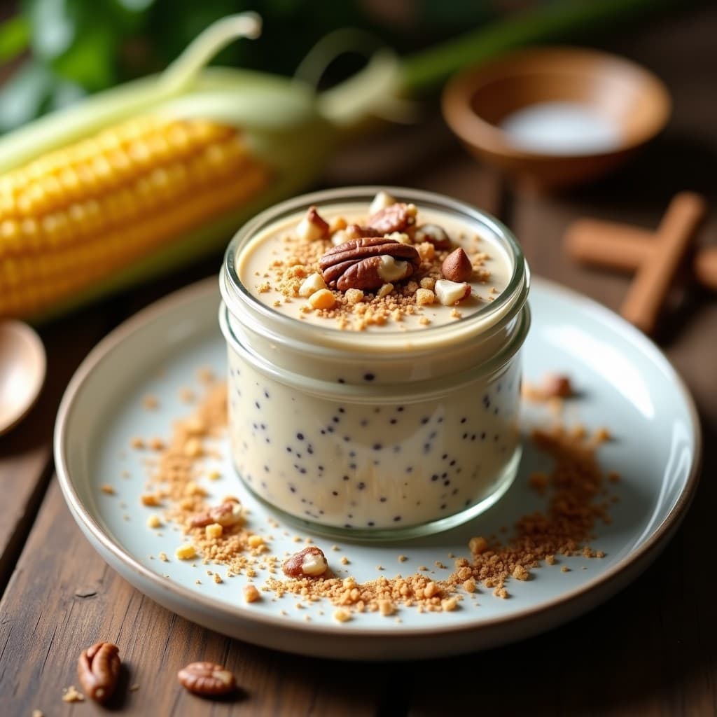 Vaso de cristal transparente con pudín de chía cremoso de color beige claro, decorado con nueces de pecana picadas y coco rallado. Al fondo, una mazorca de maíz abierta y una cuchara de madera. Postre colombiano sin azúcar.