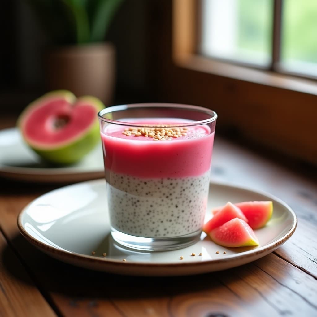 Pudín de chía con leche de soja y pura de guayaba servido en un tupper de vidrio transparente, con capas rosadas de guayaba y semillas de chía visibles. Decorado con coco rallado y hojas de menta fresca sobre una mesa rústica de madera.