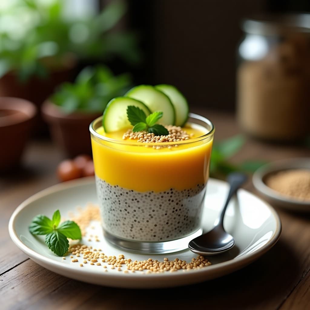 Copas de vidrio transparente con pudín de chía cremoso de color beige, decorado con semillas de sésamo doradas, cebolla morada en rodajas finas y cilantro fresco picado. Fondo con ají amarillo y limones verdes, destacando el postre peruano picante y saludable.