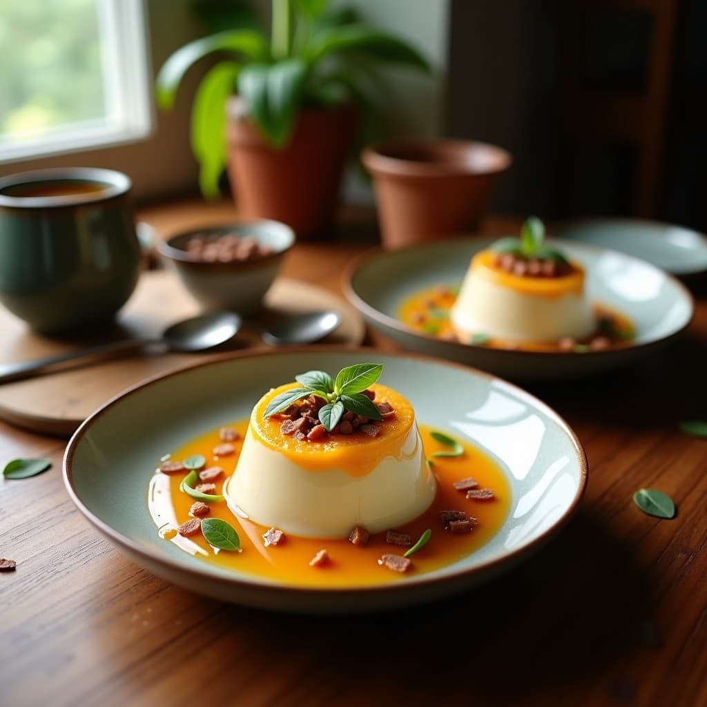 Copa de vidrio transparente con pudín de chía cremoso de color amarillo dorado, decorado con granos de granada rojos, almendras fileteadas tostadas y hojas de menta fresca. Fondo borroso con ingredientes como limones verdes y semillas de chía dispersas.