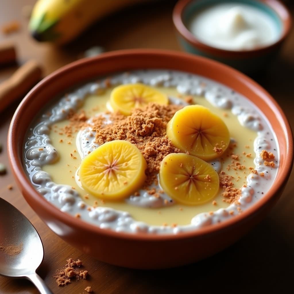 Pudín de chía con leche de tigrillo y canela servido en un bowl de barro, decorado con coco rallado tostado y rodajas de plátano maduro, sobre un fondo rústico de madera con especias al lado.