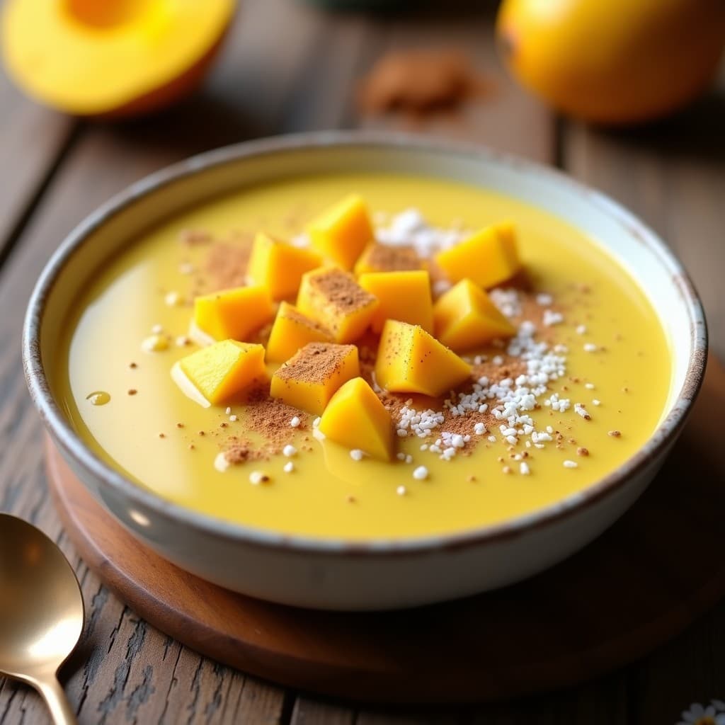 Pudín de chía con leche de turmería y mango servido en un bol de barro blanco, decorado con trozos de mango fresco, coco rallado y un espolvoreado de canela. Textura cremosa y color dorado característico de la cúrcuma, con semillas de chía visibles. Plato antiinflamatorio y digestivo ideal para desayuno o postre saludable.