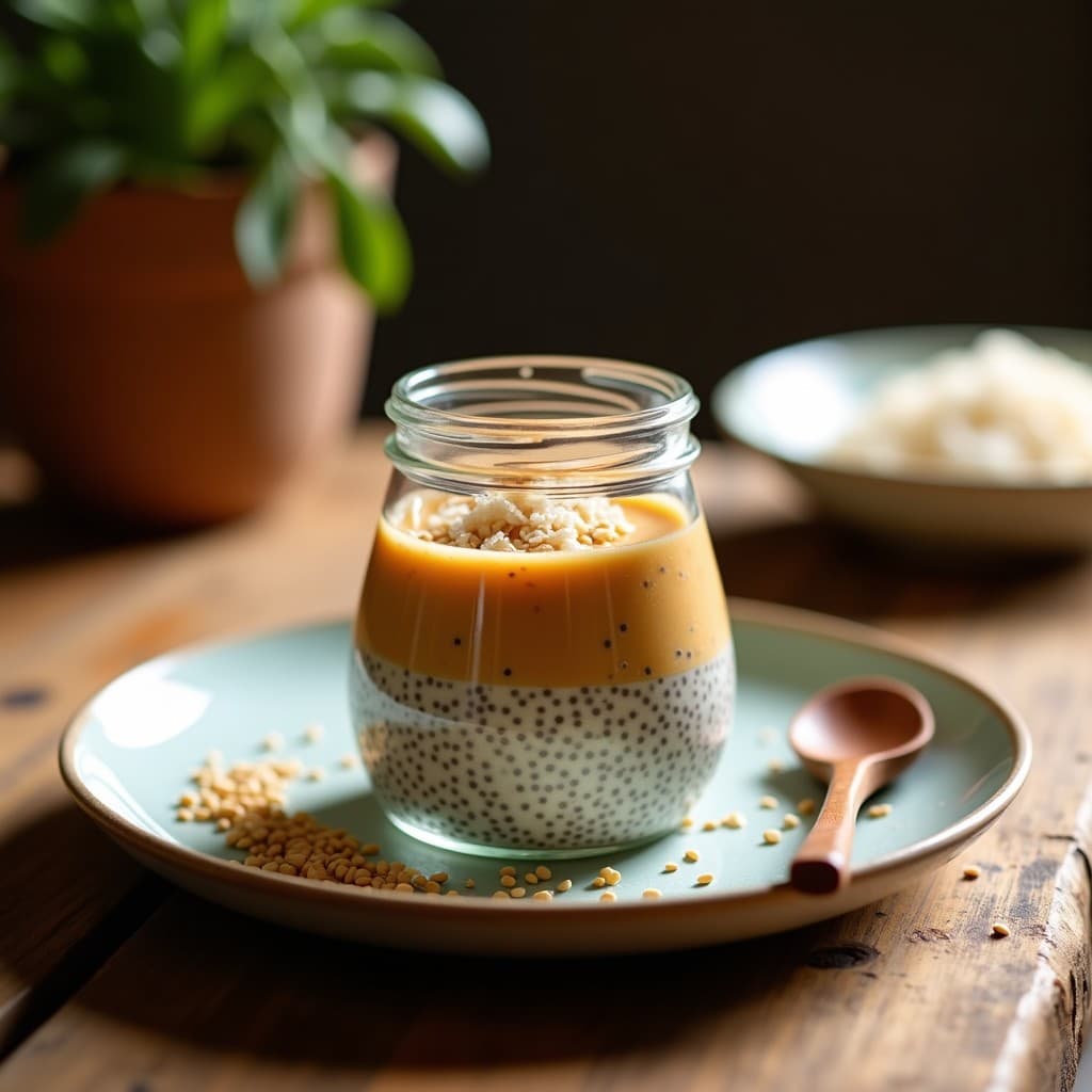 Pudín de chía y madera de saponaria en frasco de vidrio transparente, con capas cremosas y decoración de coco rallado y semillas de sésamo. Postre colombiano vegano y antiinflamatorio sobre fondo rústico de madera.