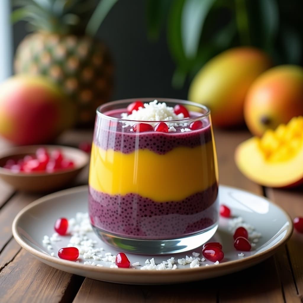 Copa de vidrio transparente con pudín de chía cremoso de color morado oscuro, capas visibles de puré de mango amarillo y decoración de coco rallado blanco y semillas de granada rojas. Postre brasilero vegano y antioxidante.