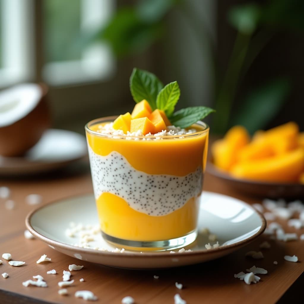 Pudín de chía con capas de mango y jengibre en vaso transparente, decorado con coco rallado y hojas de menta, postre tailandés sin lácteos.