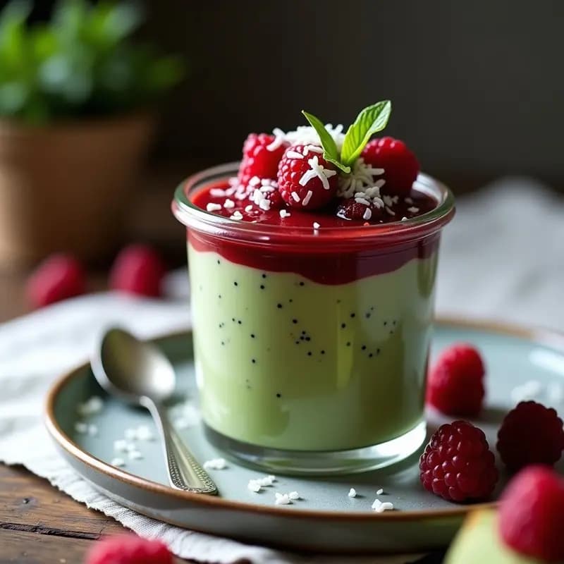 Vaso transparente con pudín de chía y matcha en capas, coronado con compota de frambuesas frescas y coco rallado, servido frío como postre japonés overnight.