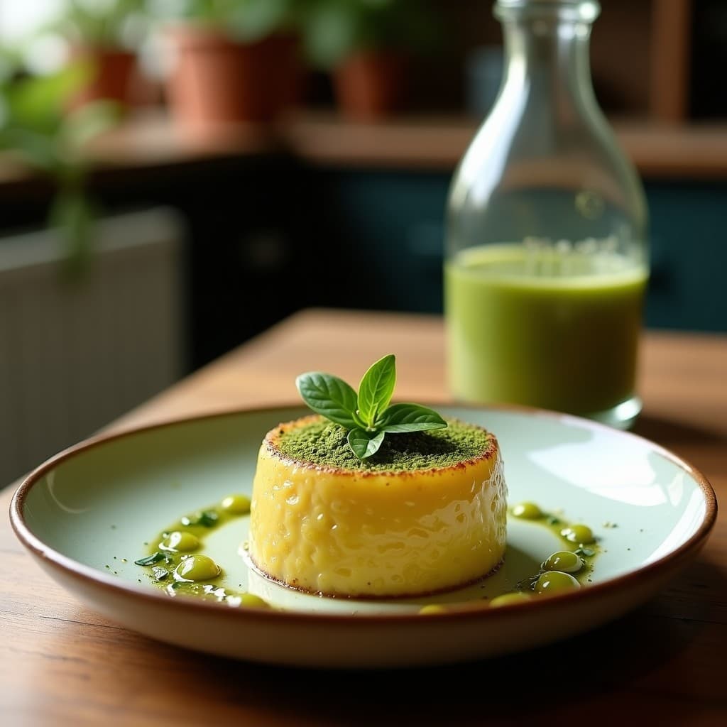 Vaso transparente con capas de pudín de chía y matcha de color verde esmeralda, decorado con semillas de chía, rodajas de limón y hojas de menta fresca, sobre fondo de madera clara.