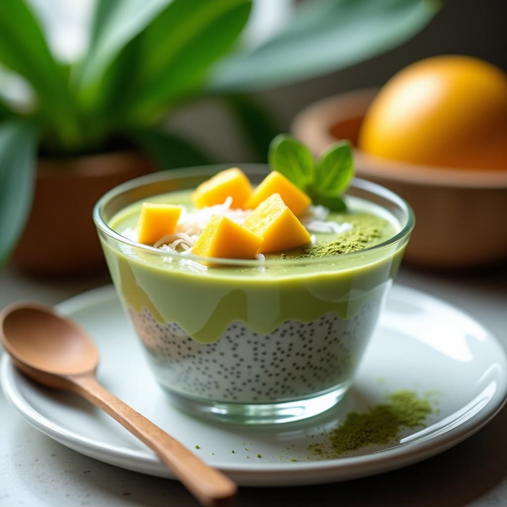 Pudín de chía con matcha y mango servido en un bol de cristal transparente, con capas visibles de semillas de chía, trozos de mango fresco y un espolvoreado de coco rallado y matcha en polvo. Fondos borrosos de hojas tropicales y una cuchara de madera.