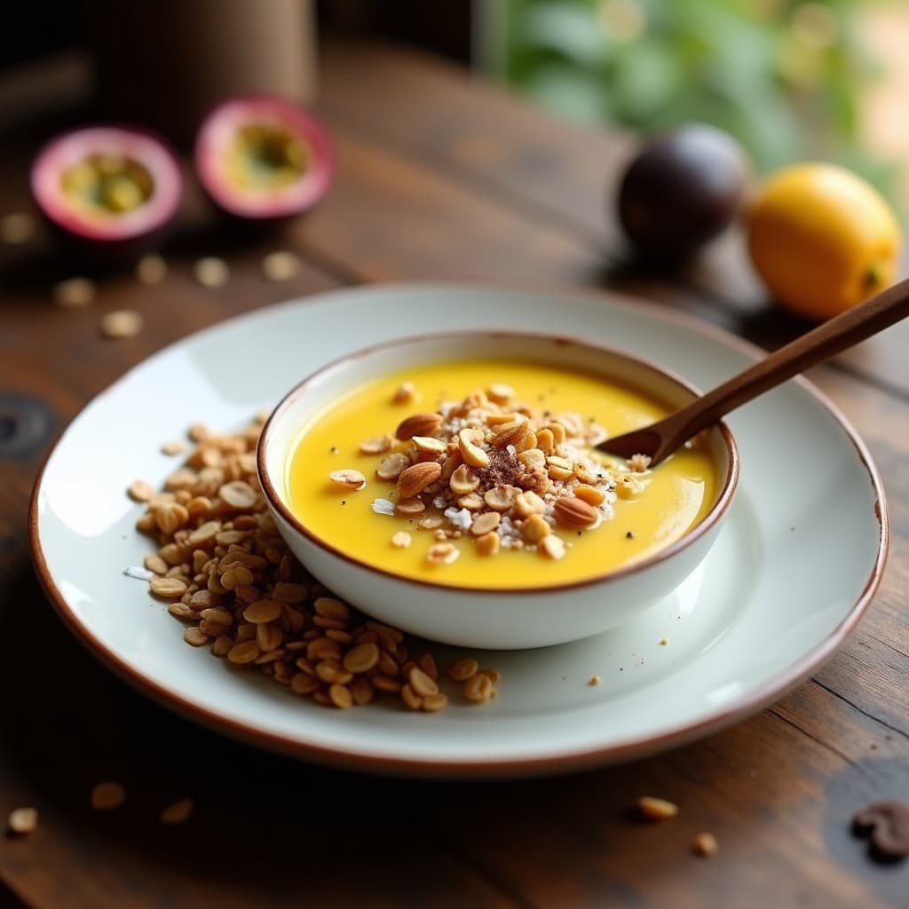 Vaso transparente con capas de pudín de chía amarillento y granola de café oscura, decorado con semillas de sésamo negro y trozos de almendra. Postre peruano sin cocción con texturas cremosas y crujientes.